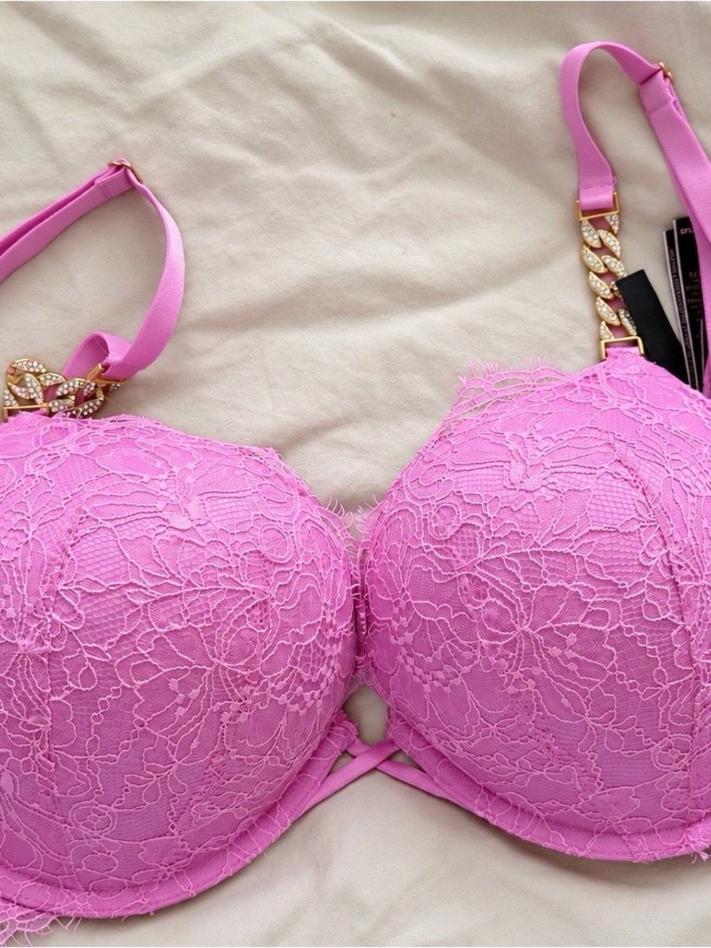 Victoria's Secret Hot Pink Lace Bra with Gold Chain Accent